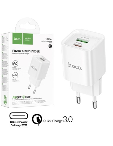 Hoco C147A Cargador USB QC3.0 y USB-C PD 20W Blanco