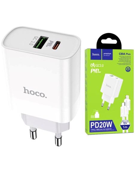 Hoco C80A Plus Cargador RÃ¡pido USB-A y USB-C 20W QC3.0 + Cable Lightning