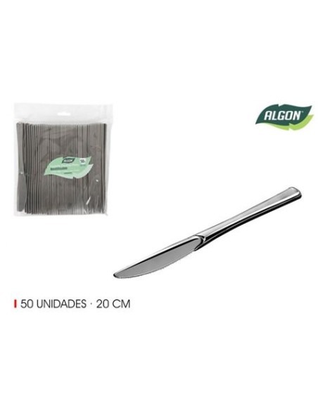 SET 50 CUCHILLOS 20CM PLASTICO REUTILIZABLE PLATA ALGON