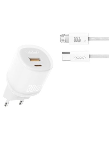 CARGADOR CARGA RAPIDA 30W USB-A /USB-C L151 + CABLE LIGHTNING BLANCO XO