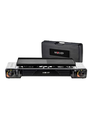 COCINA DE GAS PORTATIL DOBLE BOMBONA ACERO + PLANCHA + MALETIN MUVIP
