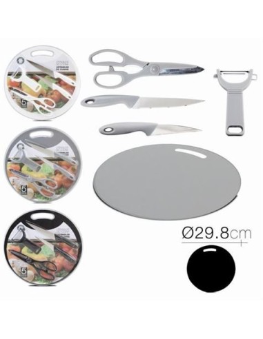 SET TIJERAS + PELADOR + 2 CUCHILLOS + TABLA DE CORTE CIRCULAR