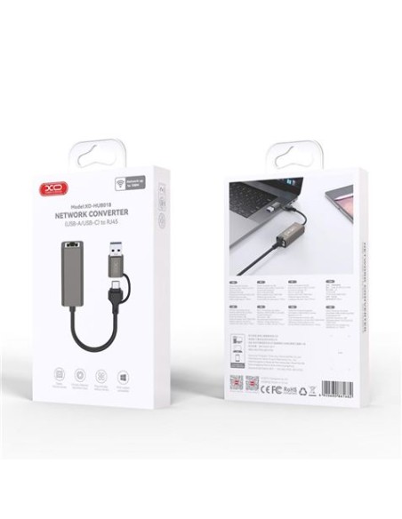 ADAPTADOR DE RJ45 A USB-A Y USB-C HUB018 XO