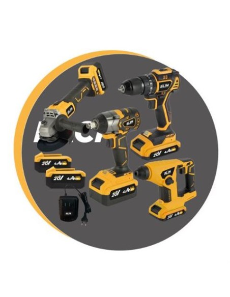 PACK 20V TALADRO + LLAVE DE IMPACTO + RADIAL + MARTILLO 2X 4AH BLIM