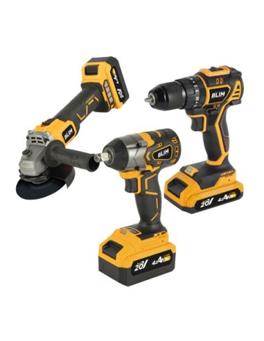 PACK 20V TALADRO + LLAVE IMPACTO + RADIAL S/CARBONES | 2 BATERIAS 4AH BLIM