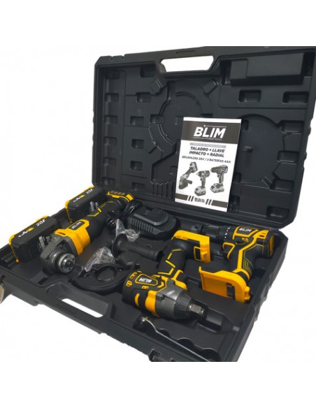 PACK 20V TALADRO + LLAVE IMPACTO + RADIAL S/CARBONES | 2 BATERIAS 4AH BLIM