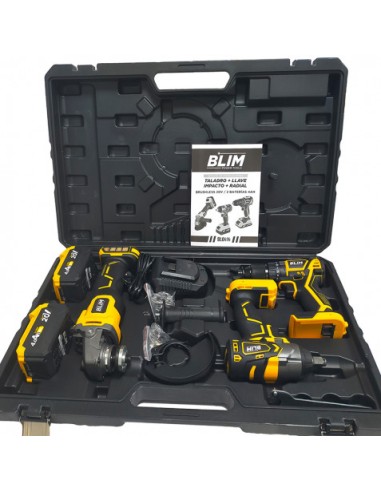 PACK 20V TALADRO + LLAVE IMPACTO + RADIAL S/CARBONES | 2 BATERIAS 4AH BLIM