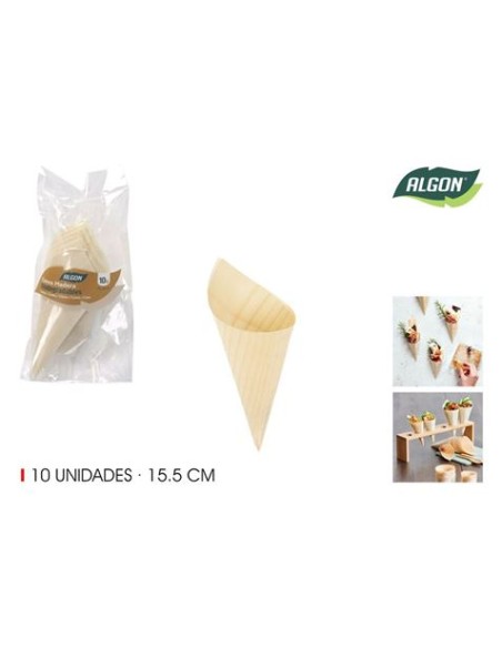 PACK 10 CONOS MADERA APERITIVOS 15.5CM ALGON