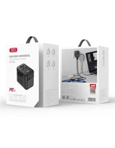 ADAPTADOR UNIVERSAL DE VIAJE 65W 3 X TIPO C + 2 X USB XO