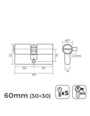 BOMBIN LATON 60MM 30+30MM LEVA LARGA LLAVE SEGURIDAD