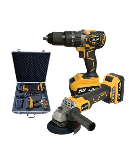 PACK 20V TALADRO PERCUTOR+RADIAL S/CARBONES | 2 X 4AH | CAJA ALUMINIO BLIM
