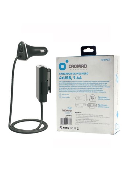 CARGADOR DE MECHERO 9.6A 4 X USB NEGRO CROMAD