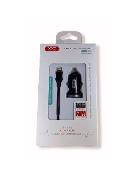 PACK CARGADOR MECHERO TZ08 2.1A + CABLE TIPO LIGHTNING NEGRO XO